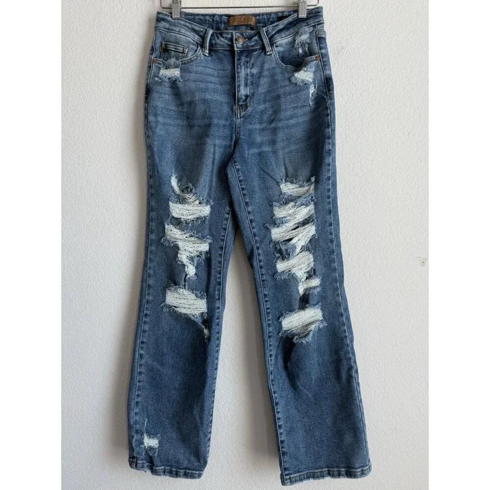 Judy Blue Jeans Women’s 7/28 Straight Fit Mid Rise Distressed Stretch‎ Denim